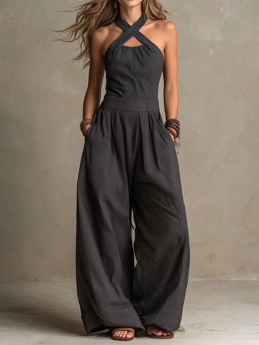 Jazmine | Wide Leg Cross Halter Jumpsuit