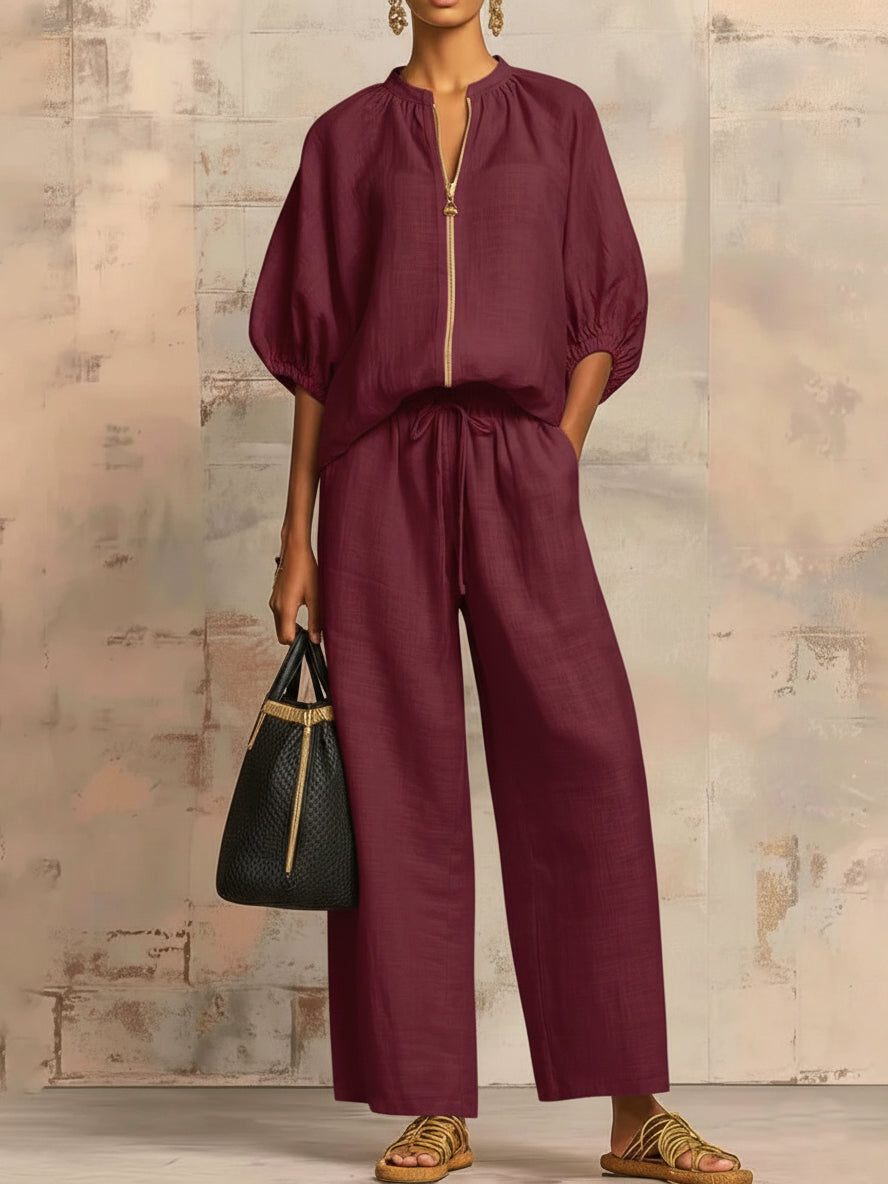 Alysha | Two-Piece Zip Top Wide-Leg Pants Set