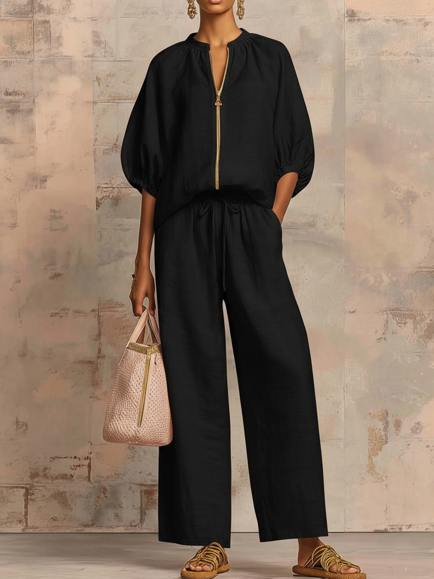 Alysha | Two-Piece Zip Top Wide-Leg Pants Set
