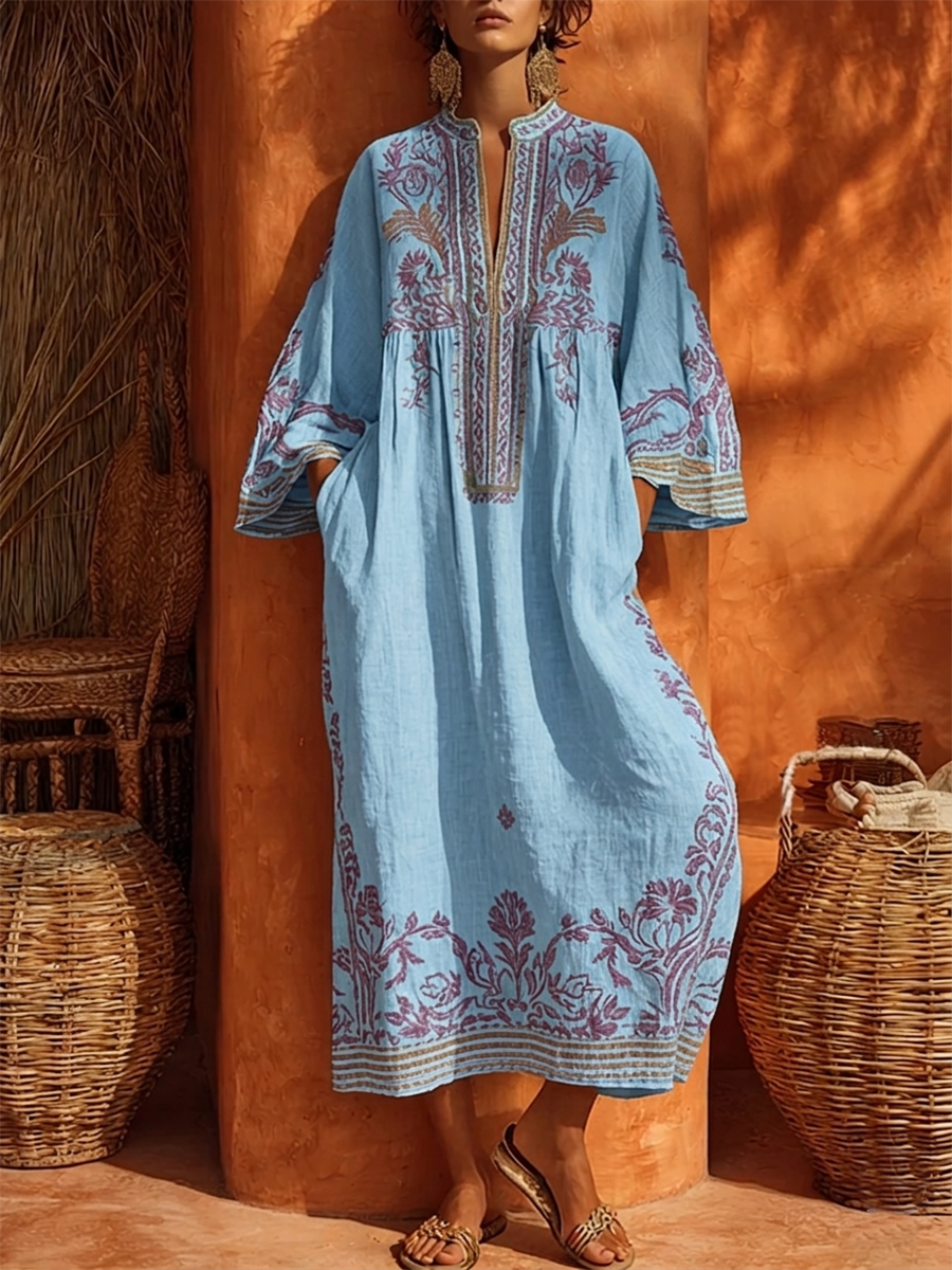 Sariana - Embroidered Midi Kaftan Dress 3/4 Sleeve