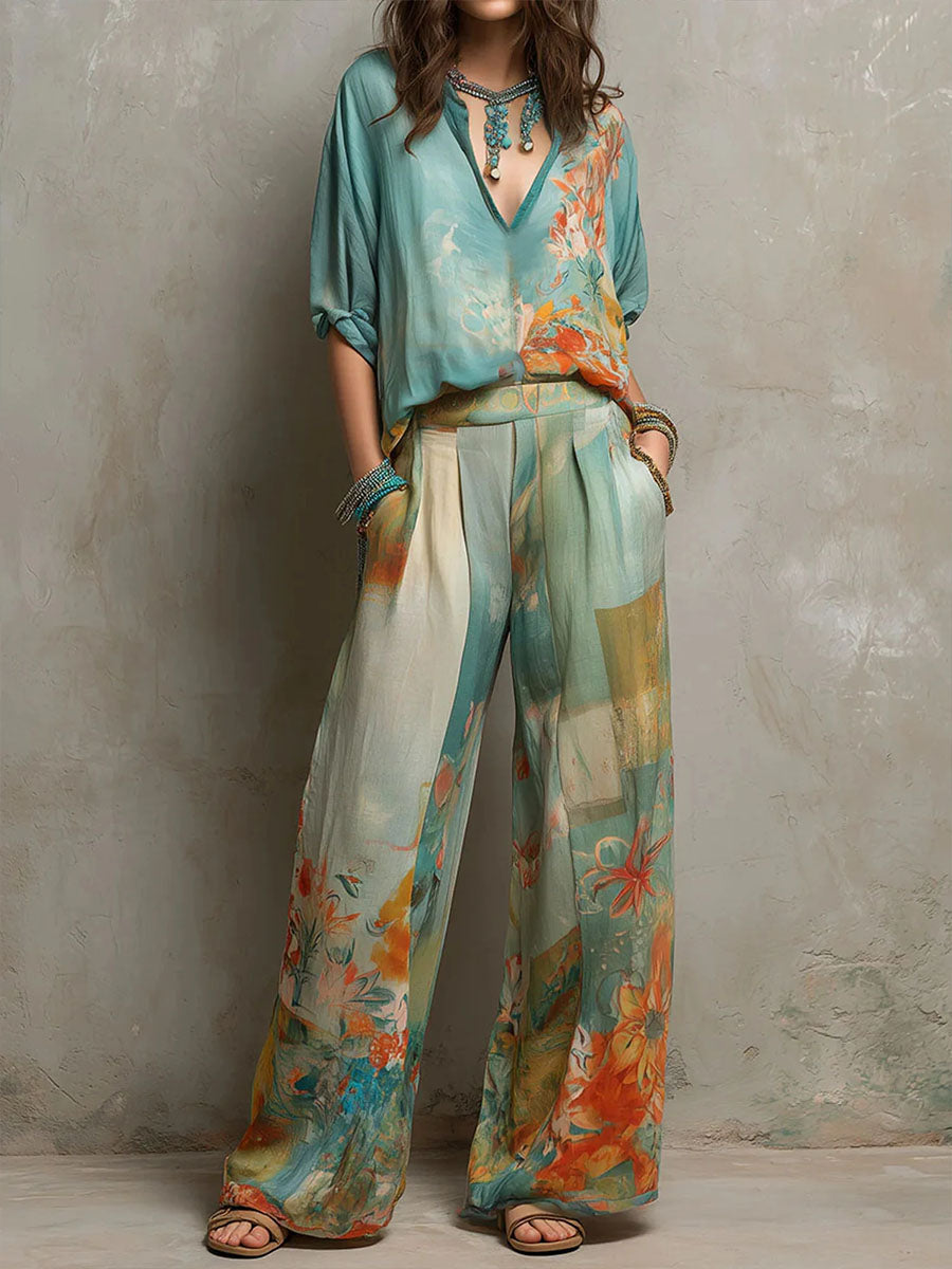Chiaran | Floral Print V-Neck Two Piece Set