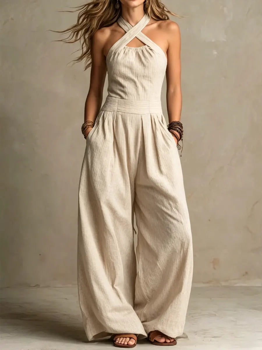 Jazmine | Wide Leg Cross Halter Jumpsuit