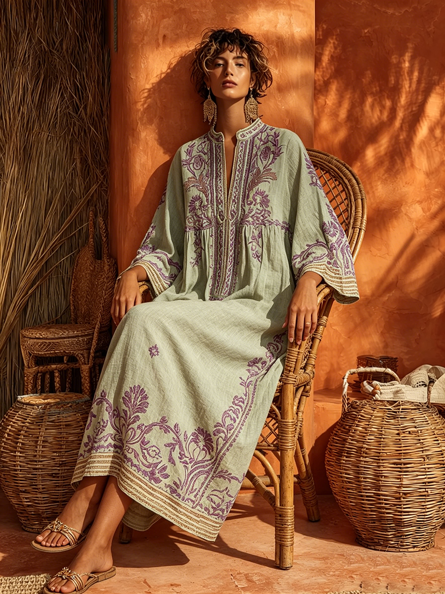 Sariana - Embroidered Midi Kaftan Dress 3/4 Sleeve