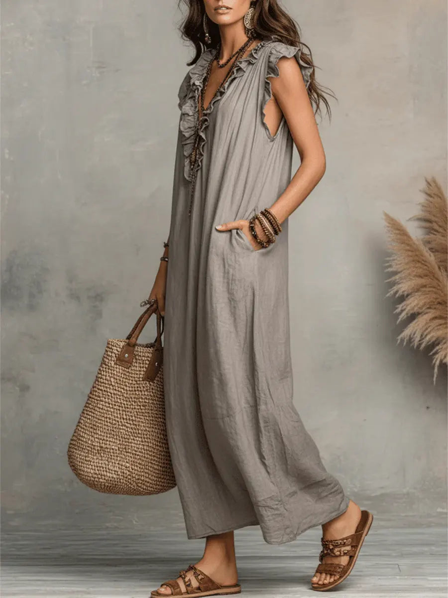 Uanavi | Linen Ruffle V-Neck Maxi Dress
