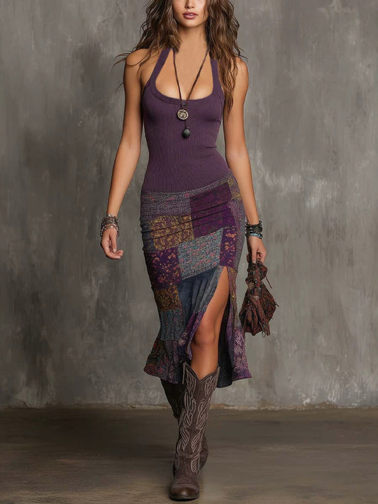 Ersilia | Patchwork Halter Split Maxi Dress