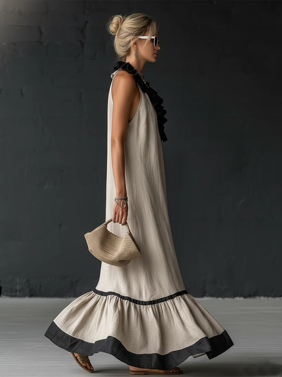 Natja | Maxi Dress Sleeveless Ruffle Neck Contrast Hem