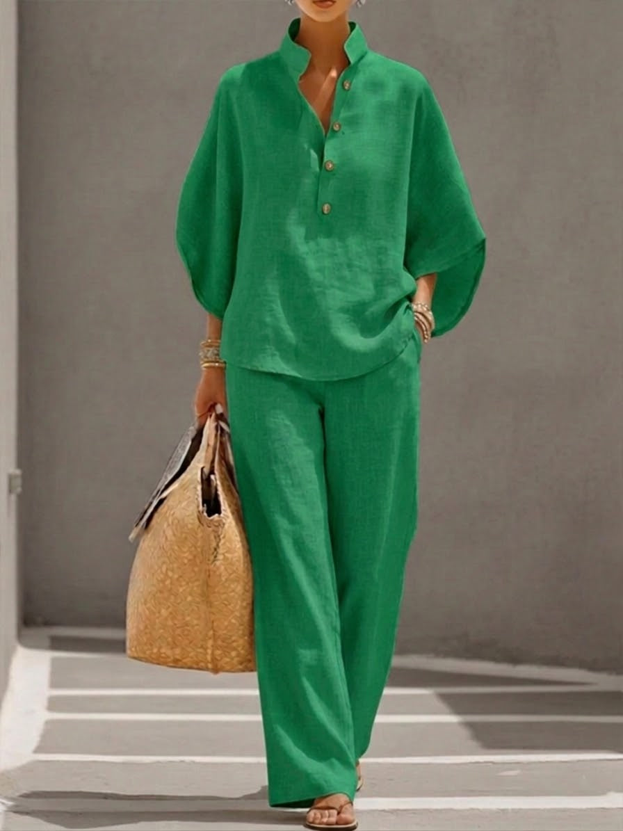 Lorena | Cotton Linen Two-Piece Set with Batwing Sleeves