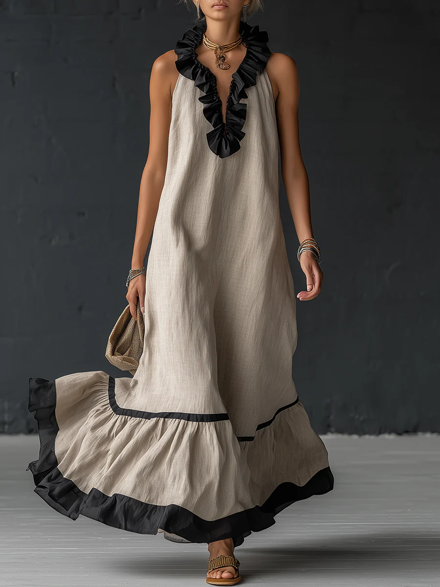 Natja | Maxi Dress Sleeveless Ruffle Neck Contrast Hem