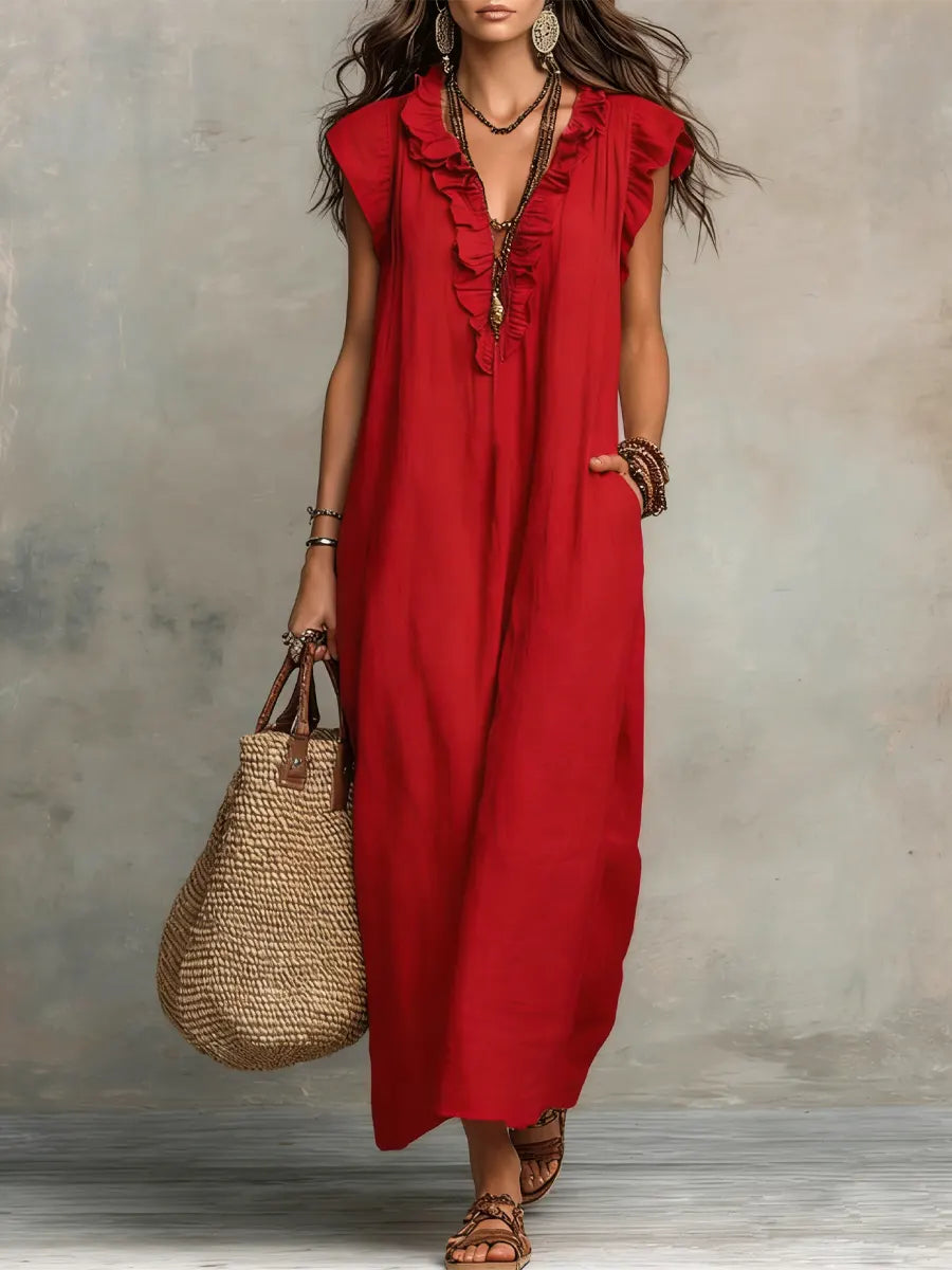 Uanavi | Linen Ruffle V-Neck Maxi Dress