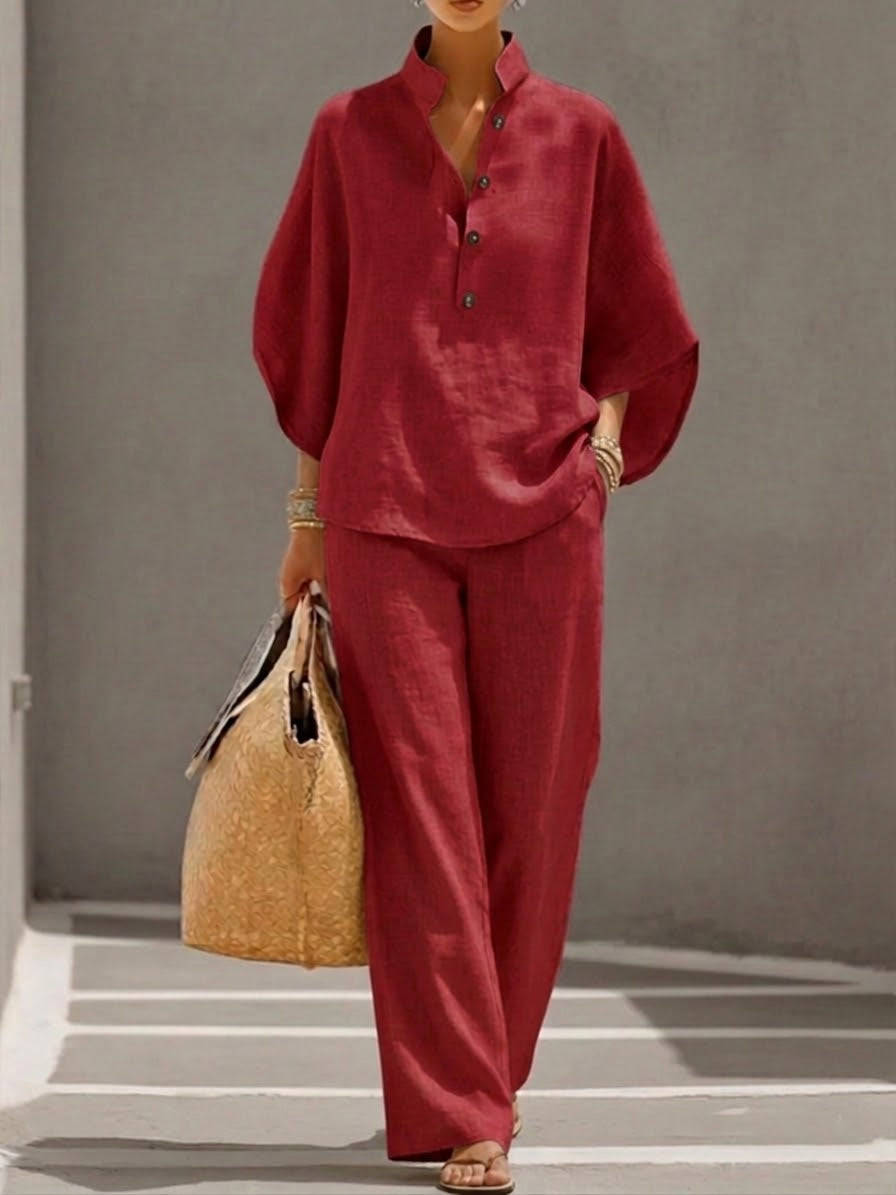 Lorena | Cotton Linen Two-Piece Set with Batwing Sleeves