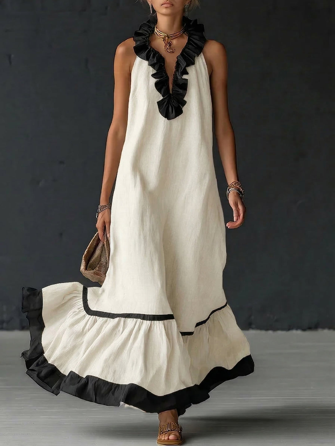 Natja | Maxi Dress Sleeveless Ruffle Neck Contrast Hem