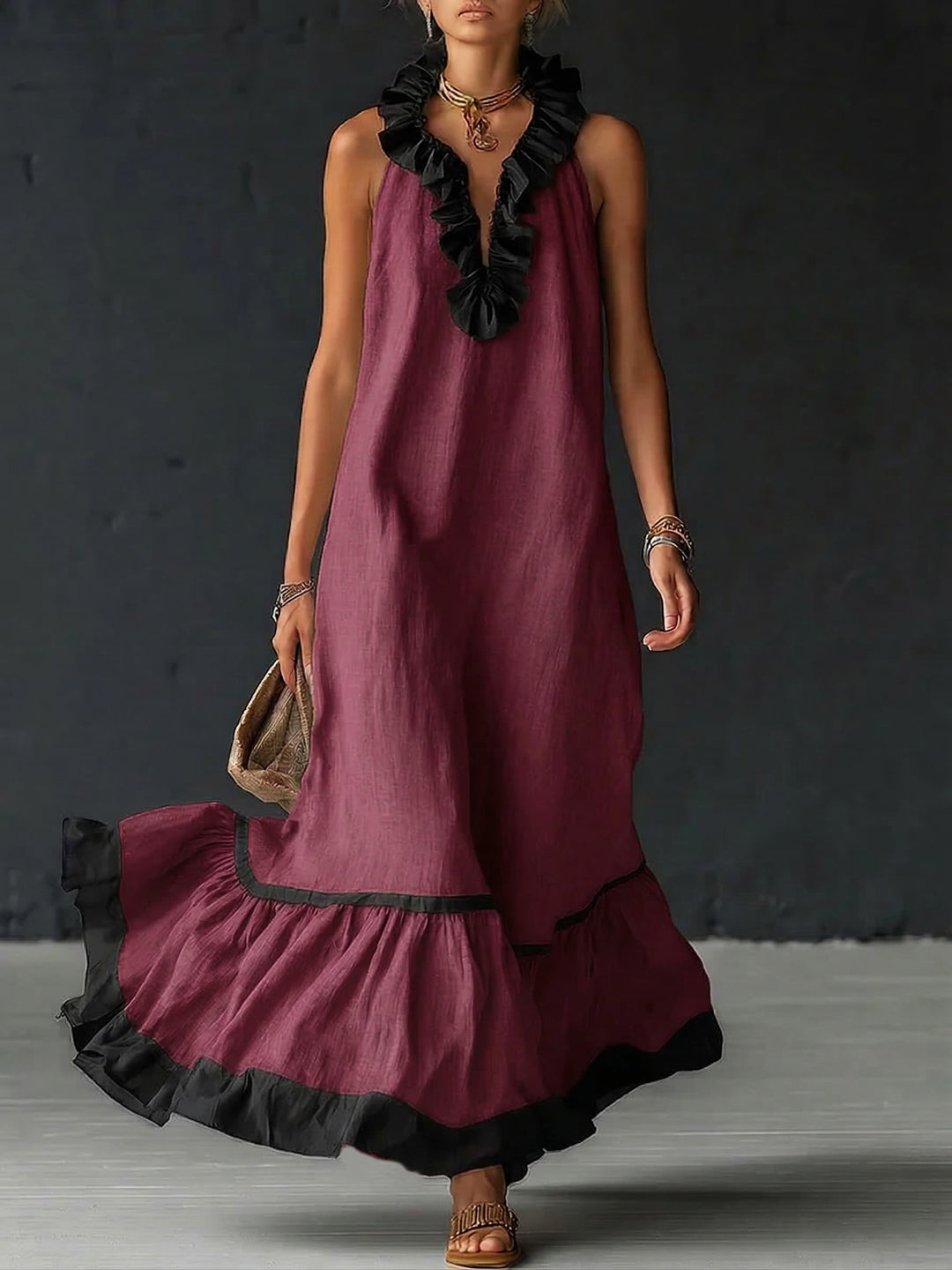 Natja | Maxi Dress Sleeveless Ruffle Neck Contrast Hem
