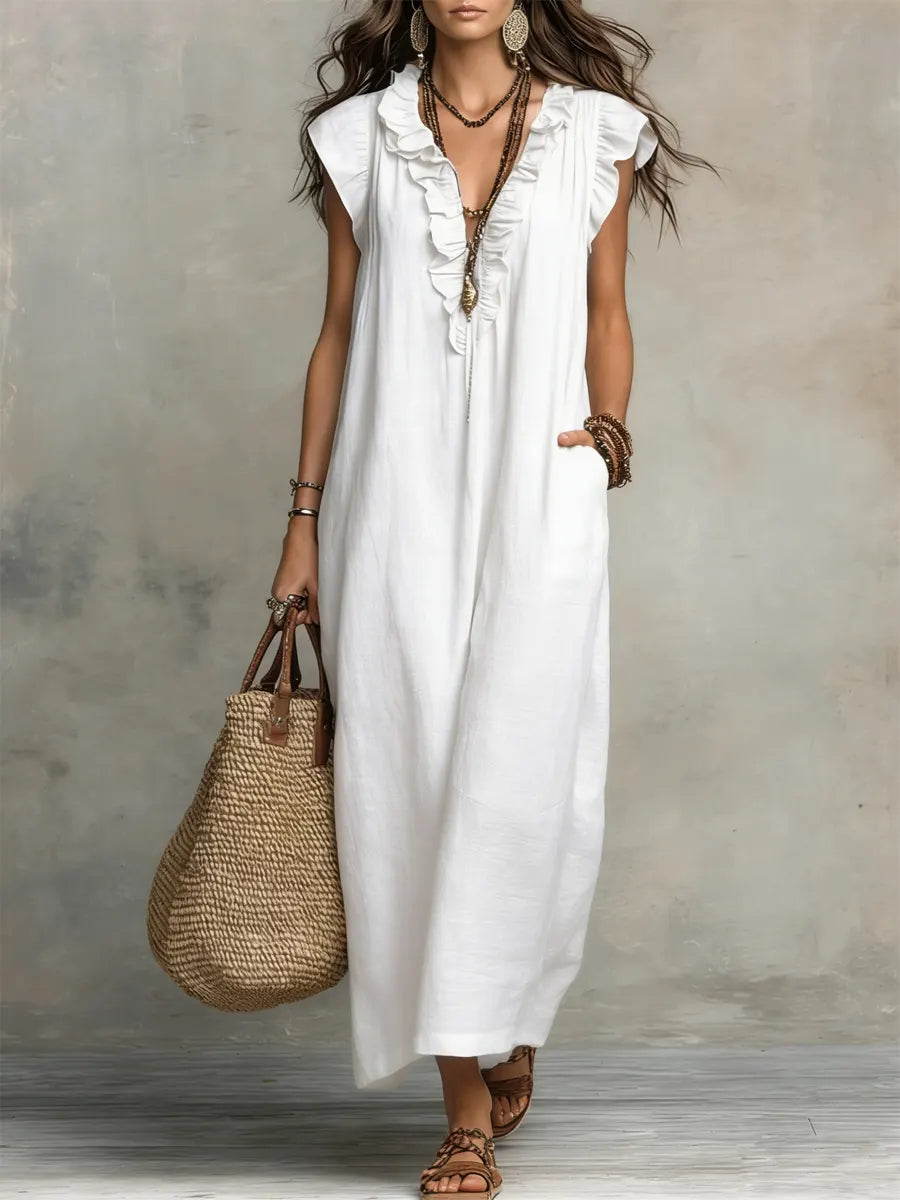 Uanavi | Linen Ruffle V-Neck Maxi Dress