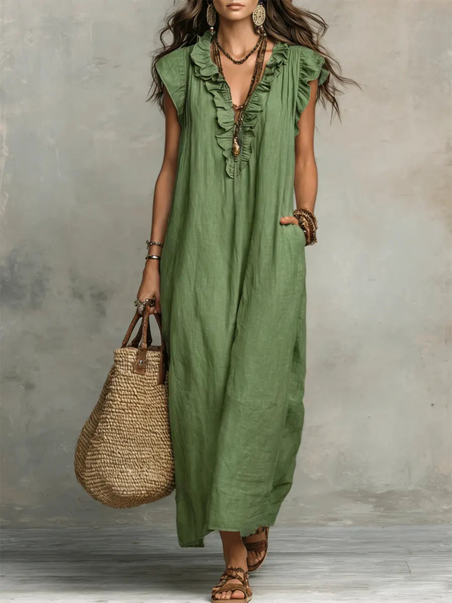 Uanavi | Linen Ruffle V-Neck Maxi Dress