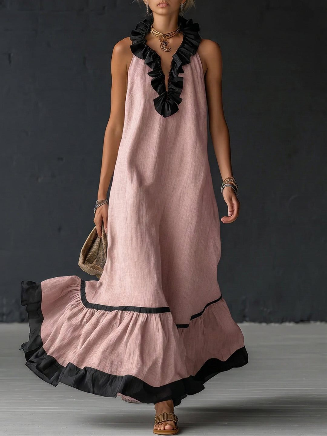 Natja | Maxi Dress Sleeveless Ruffle Neck Contrast Hem