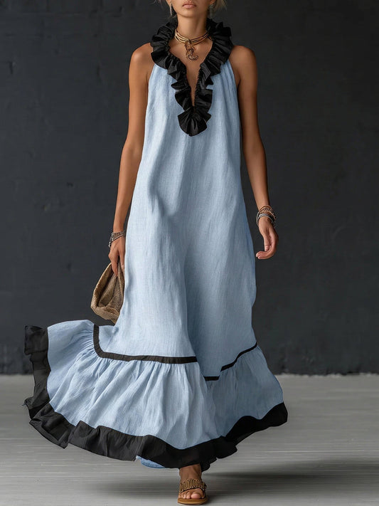 Natja | Maxi Dress Sleeveless Ruffle Neck Contrast Hem
