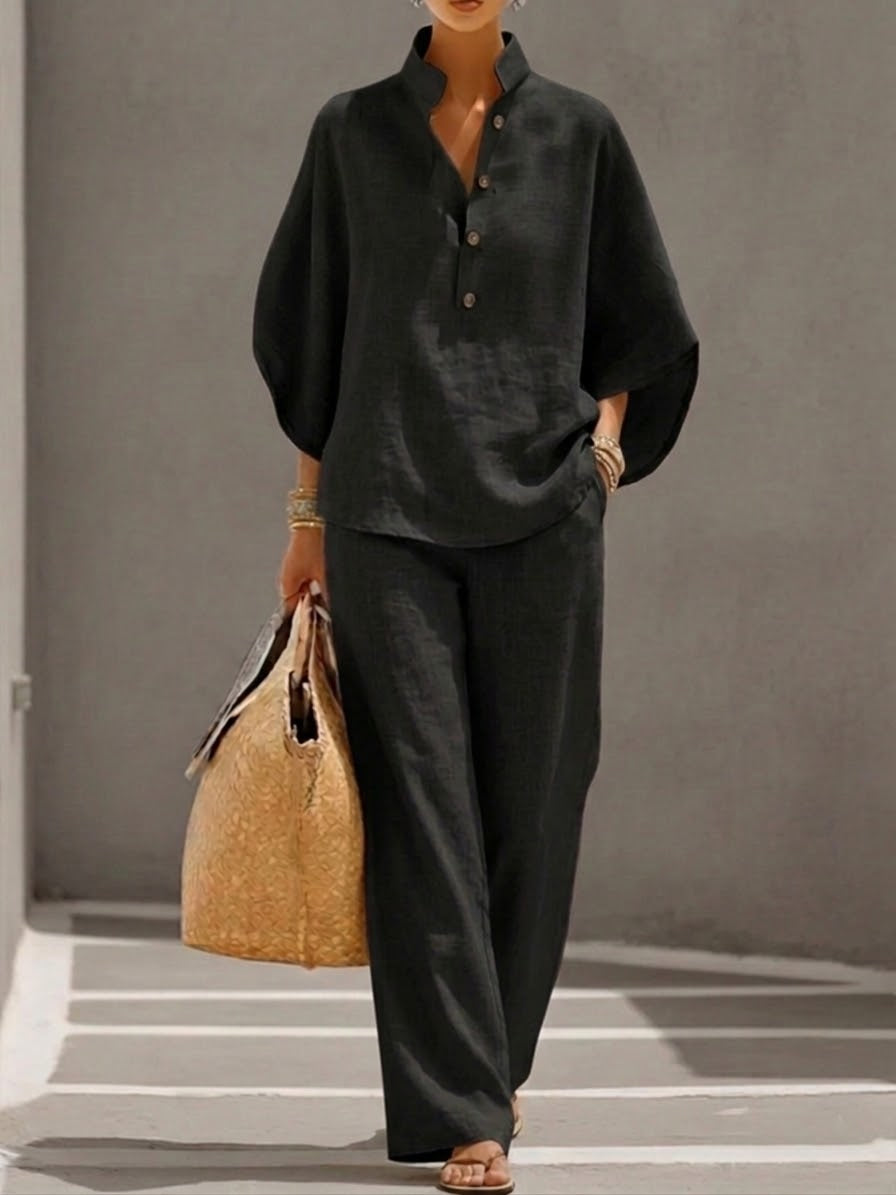 Lorena | Cotton Linen Two-Piece Set with Batwing Sleeves