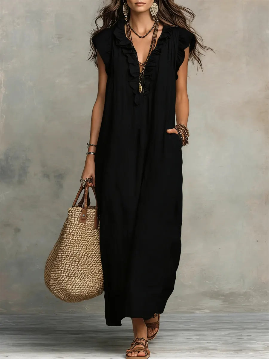 Uanavi | Linen Ruffle V-Neck Maxi Dress