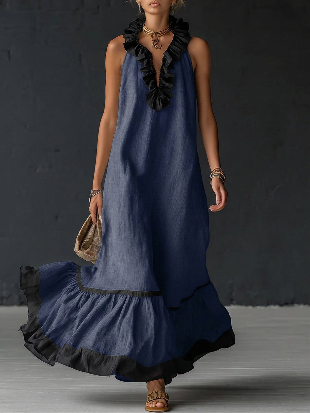 Natja | Maxi Dress Sleeveless Ruffle Neck Contrast Hem