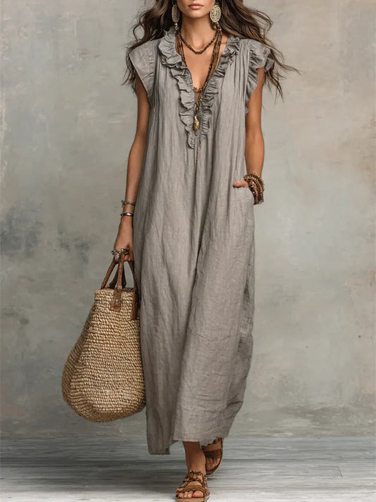 Uanavi | Linen Ruffle V-Neck Maxi Dress
