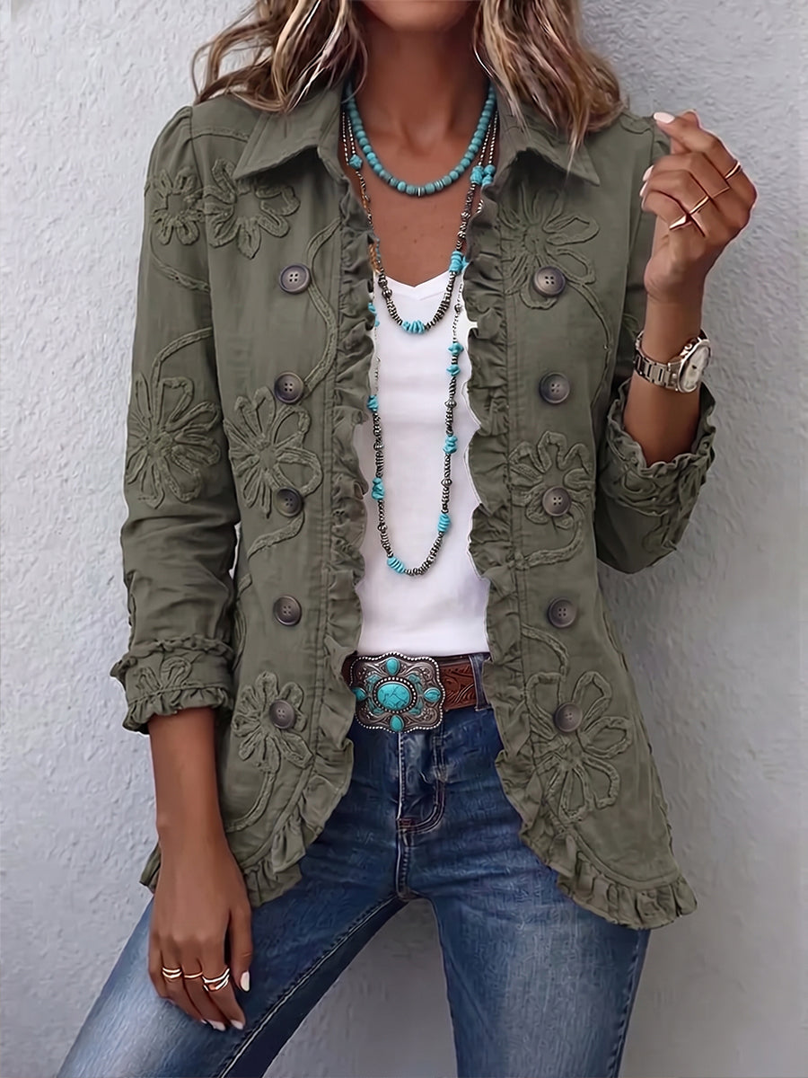 Loviita | Floral Embroidered Button-Front Ruffle Hem Jacket