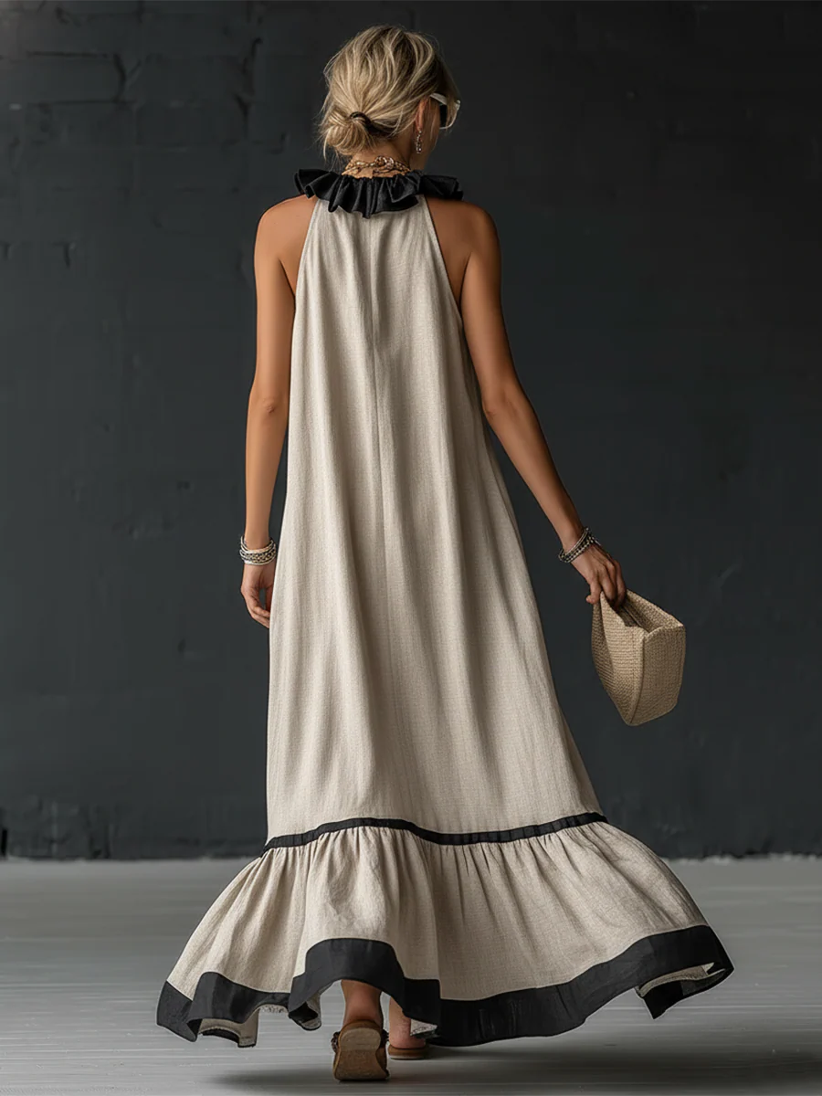 Natja | Maxi Dress Sleeveless Ruffle Neck Contrast Hem