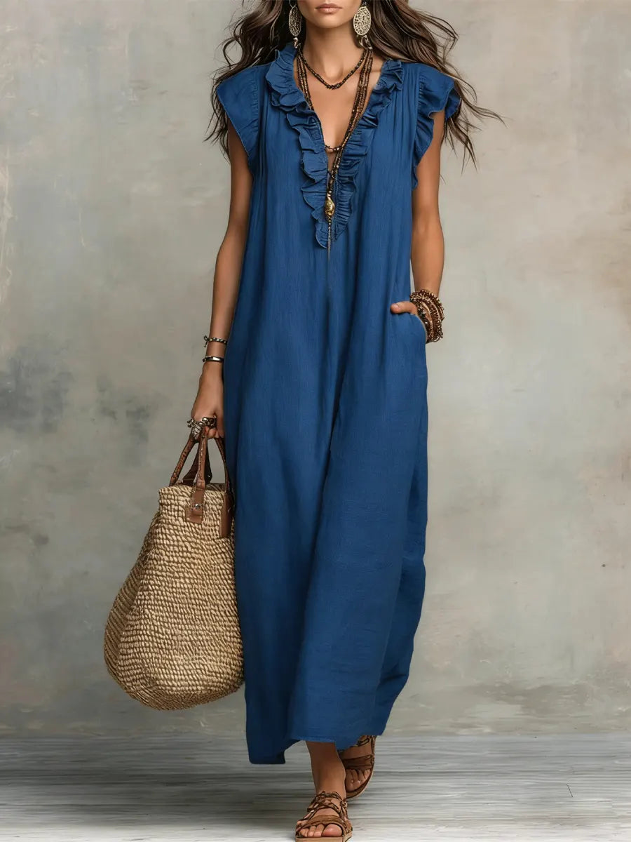 Uanavi | Linen Ruffle V-Neck Maxi Dress
