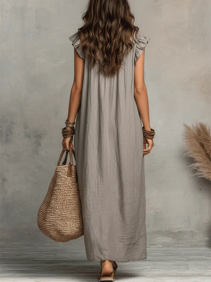 Uanavi | Ruffled V-Neck Linen Maxi Dress