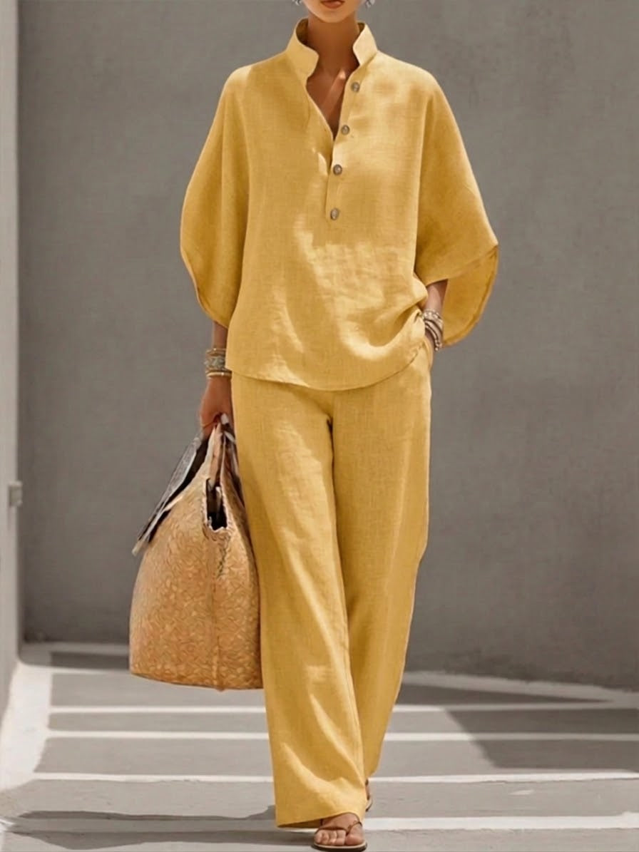 Lorena | Cotton Linen Two-Piece Set with Batwing Sleeves