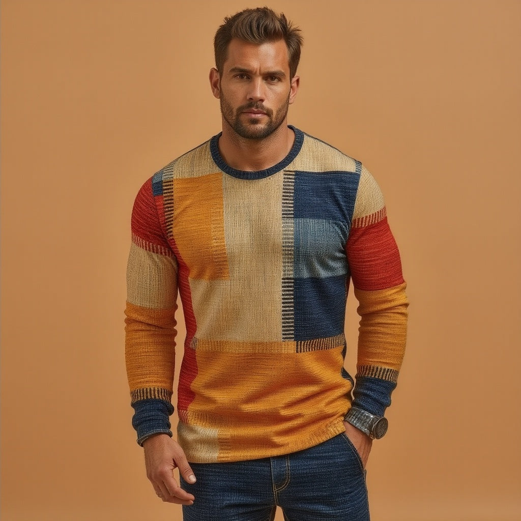 Cyprian | Long Sleeve Patchwork Henley T-Shirt