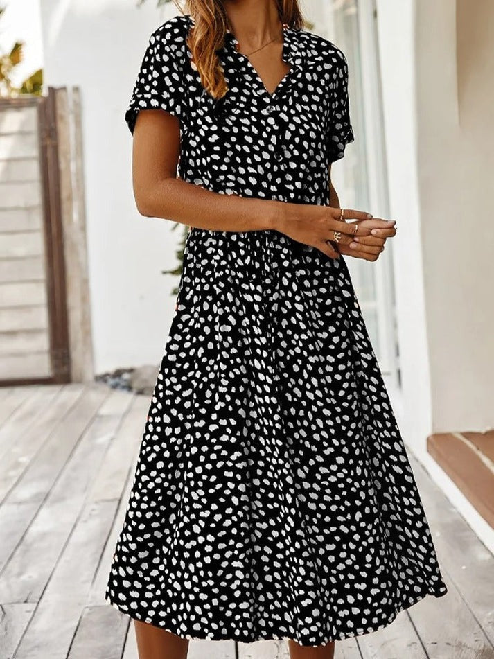Carine | V Neck Short Sleeve Printed Dress