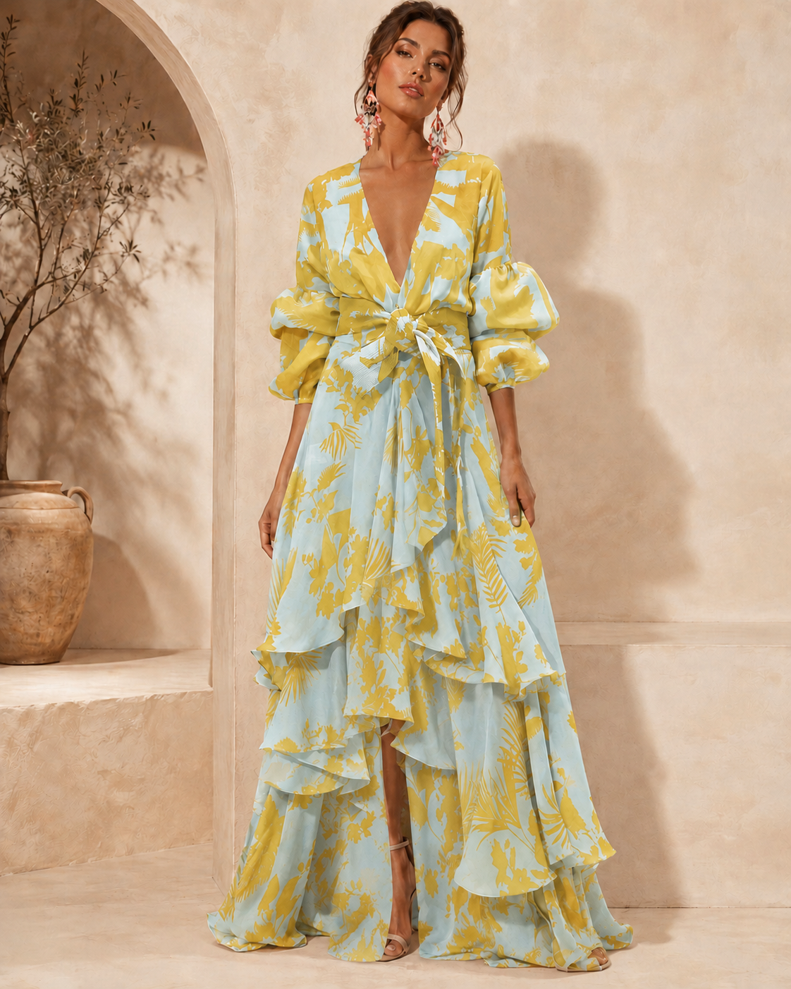 Liaya | Floral Print Deep V Neck Maxi Dress