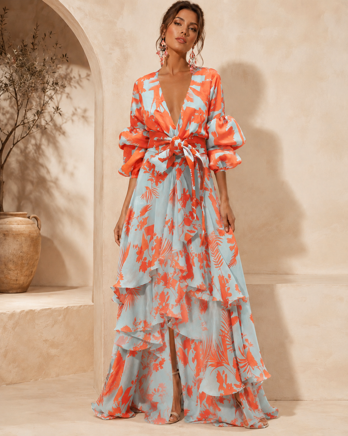 Liaya | Floral Print Deep V Neck Maxi Dress
