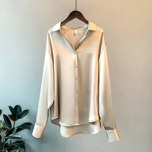 Adelinde | Satin Style Button Front Long Sleeve Shirt