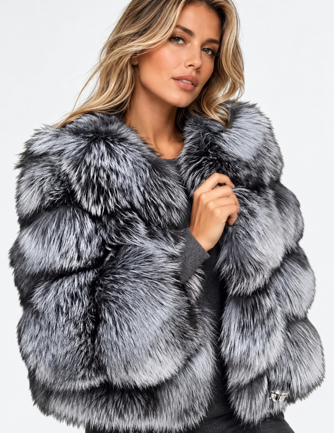 Giuliana | Jacket With Tiered Fur-Look Panels and Collar