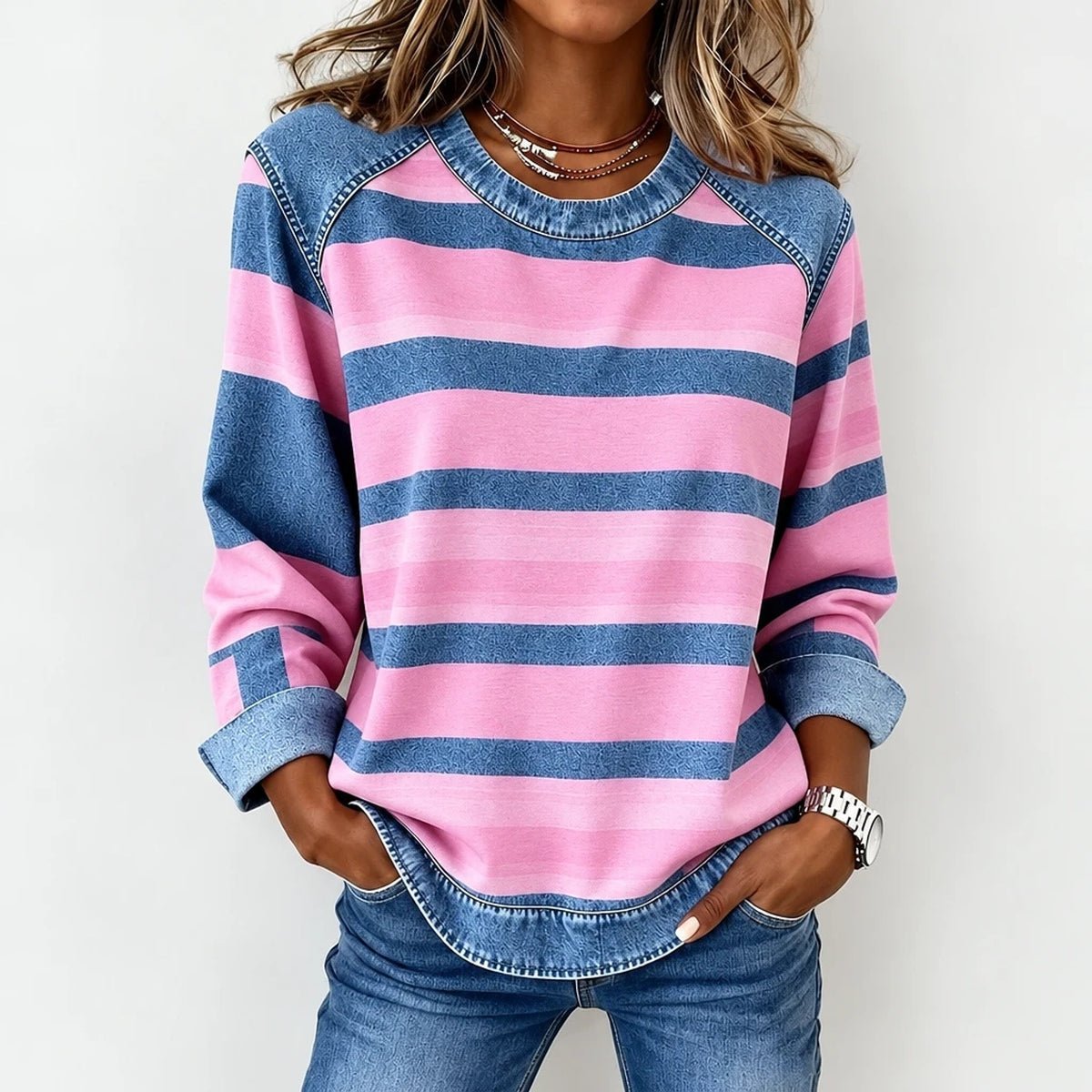 Raylena | Striped Sweatshirt with Denim-Style Sleeves