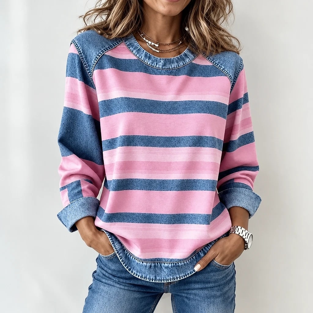 Raylena | Striped Sweatshirt with Denim-Style Sleeves