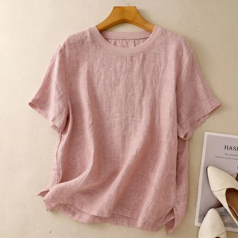 Nayna - Short Sleeve Crew Neck Linen Top
