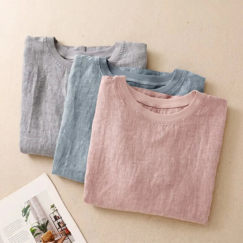 Nayna - Short Sleeve Crew Neck Linen Top