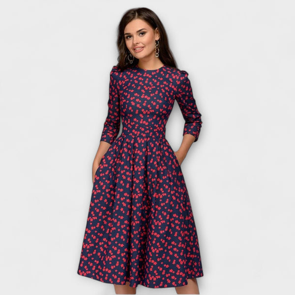 Jeri | Floral Print Midi Dress Three Quarter Sleeve