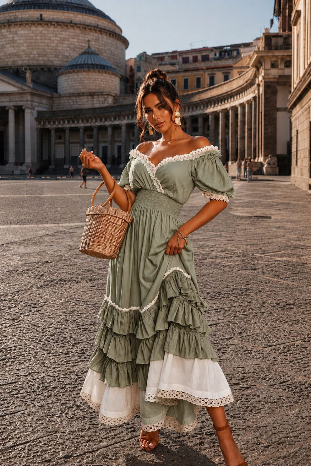 Naeun | Maxi Dress with Off-Shoulder Ruffles and Lace