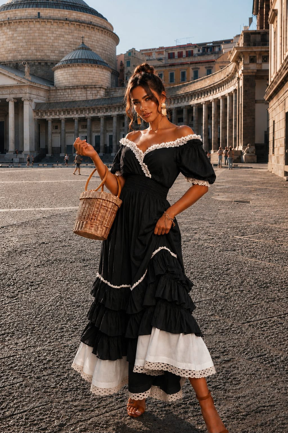 Naeun | Maxi Dress with Off-Shoulder Ruffles and Lace