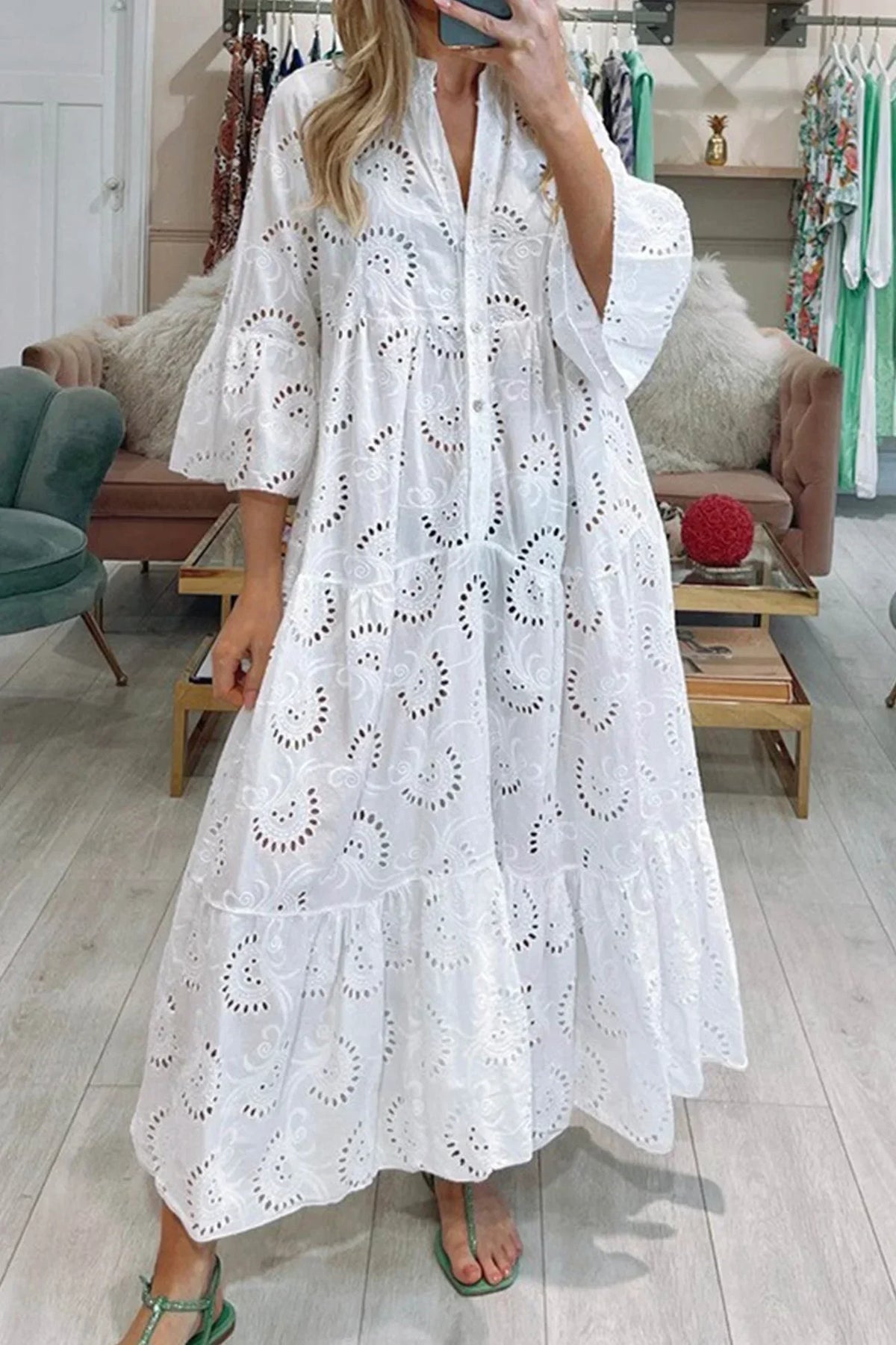 Gilma | Maxi Dress V Neck Cutwork Pattern