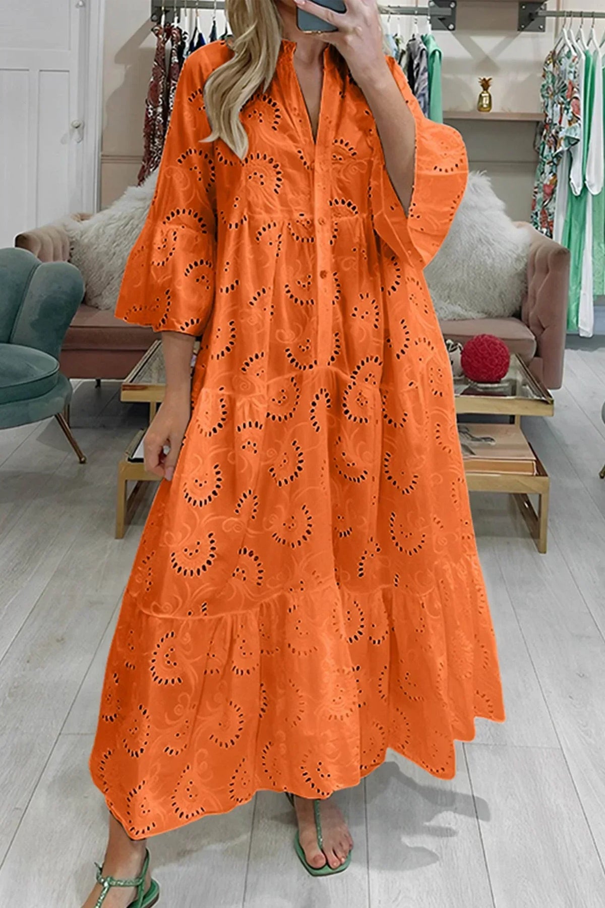 Gilma | Maxi Dress V Neck Cutwork Pattern