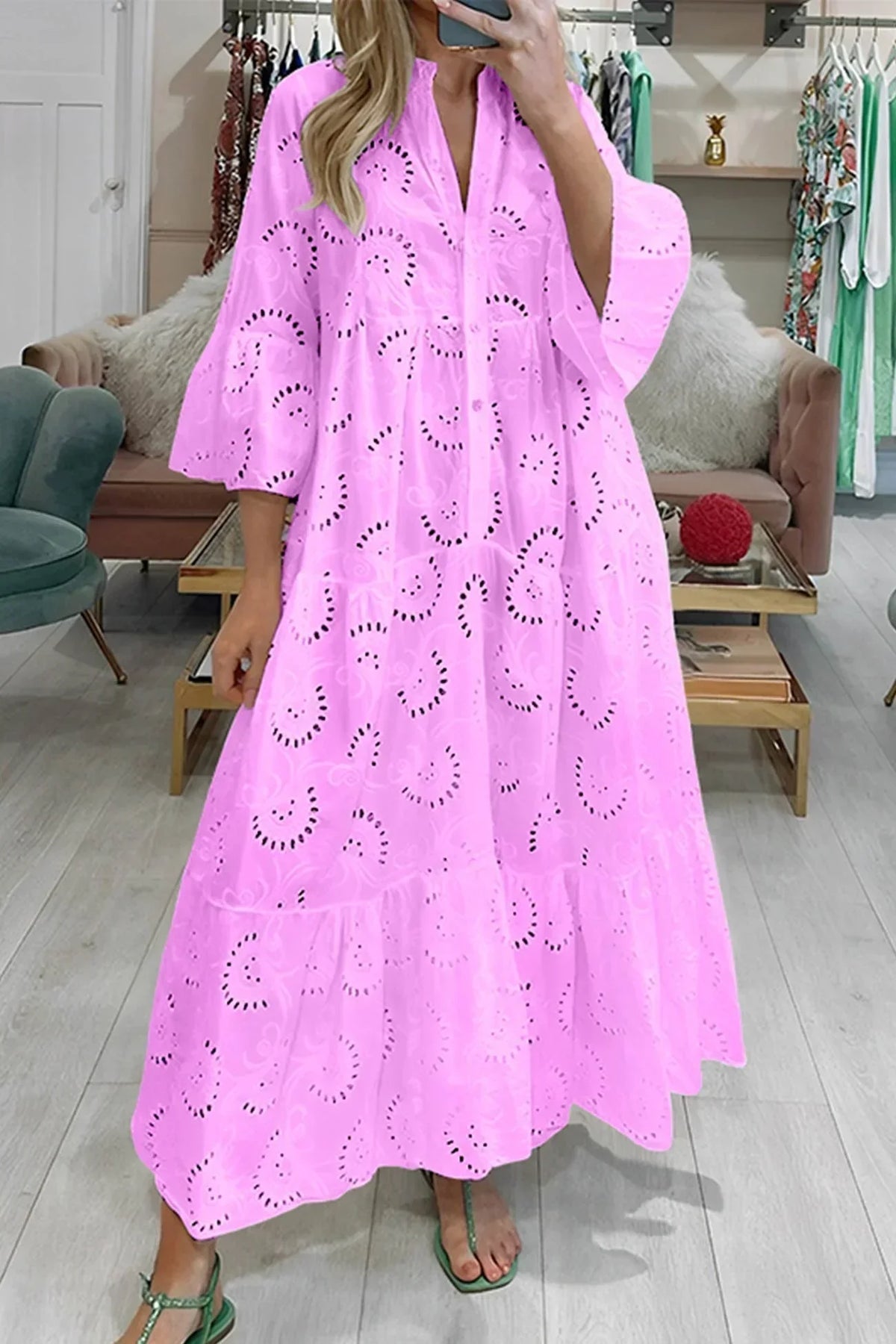 Gilma | Maxi Dress V Neck Cutwork Pattern