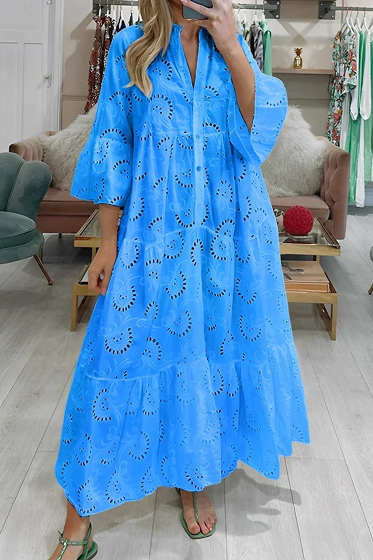 Gilma | Maxi Dress V Neck Cutwork Pattern