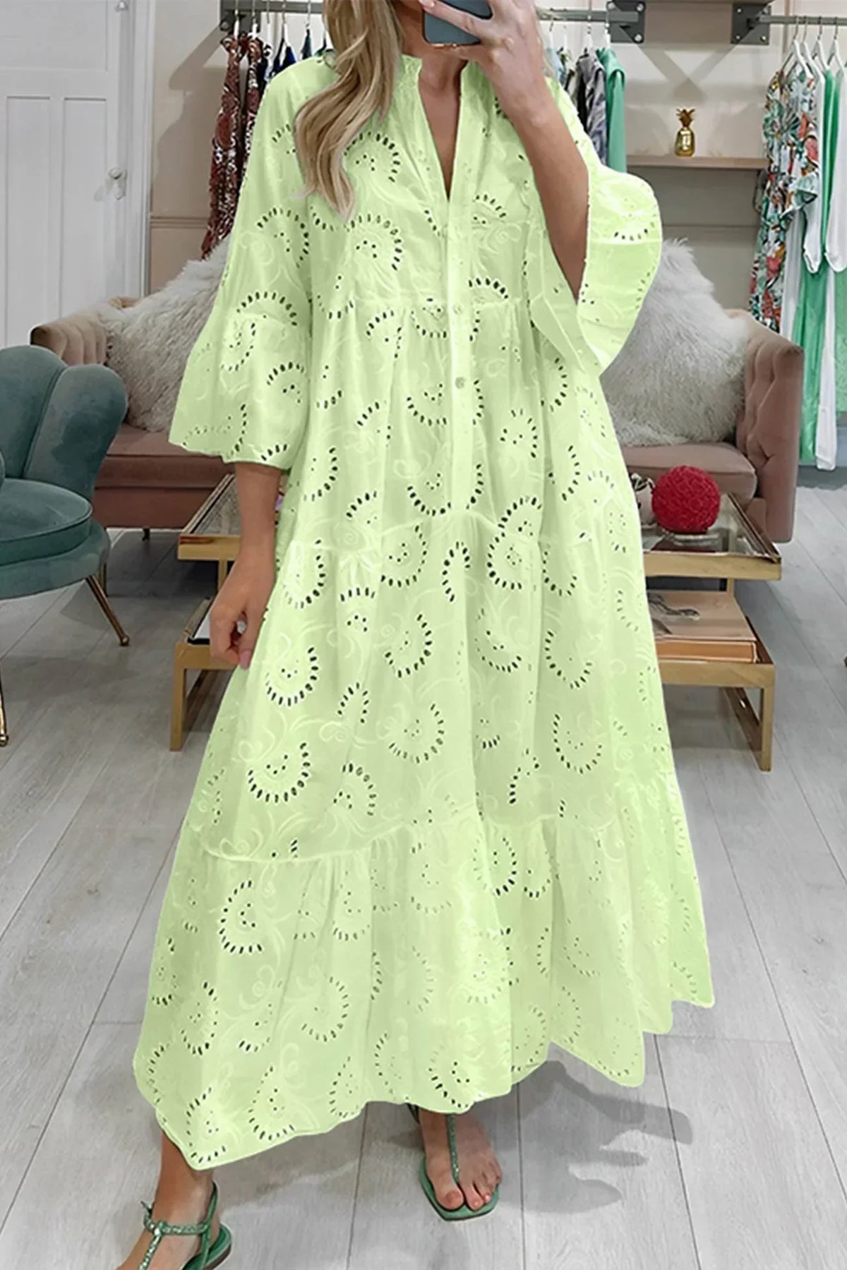Gilma | Maxi Dress V Neck Cutwork Pattern