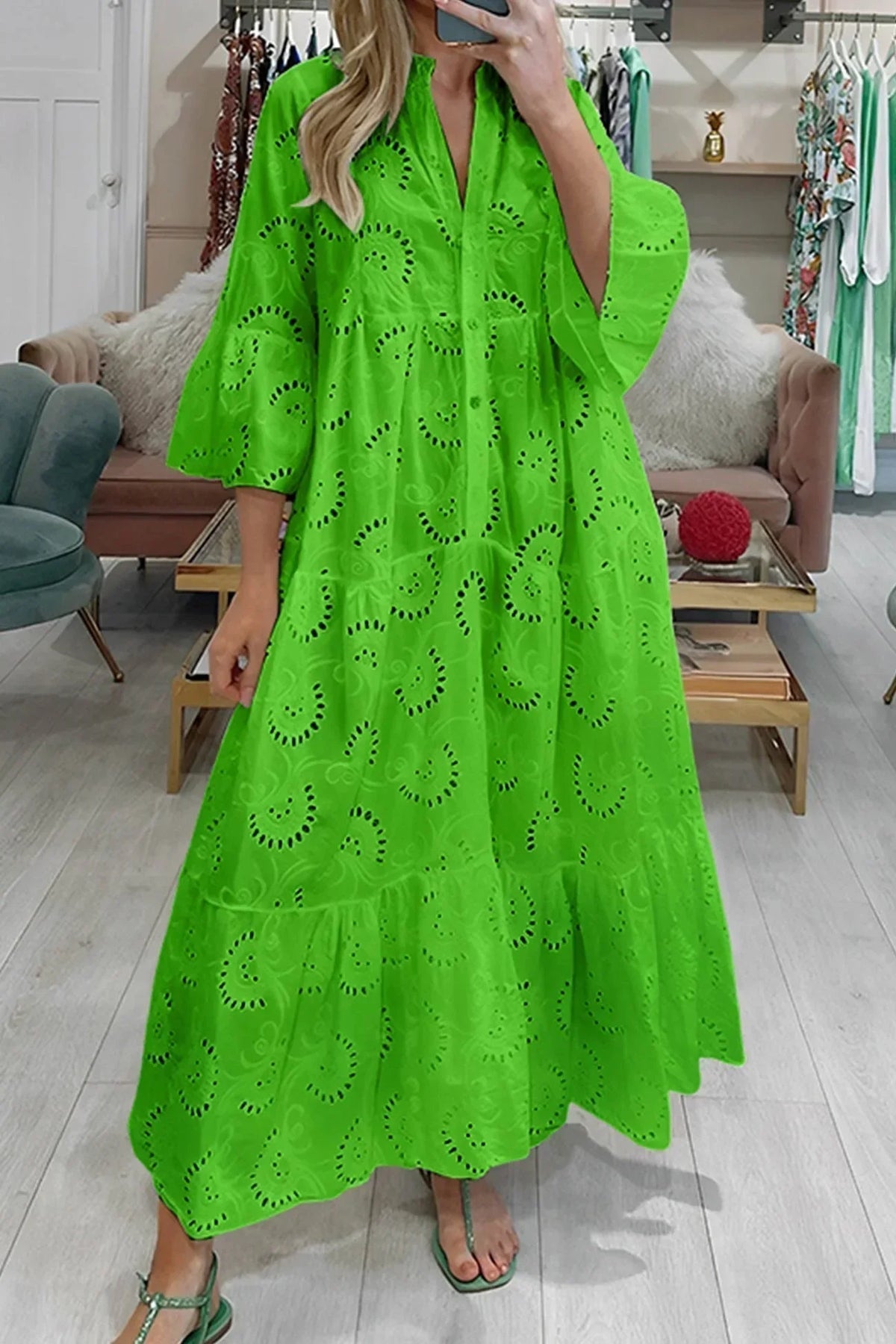 Gilma | Maxi Dress V Neck Cutwork Pattern