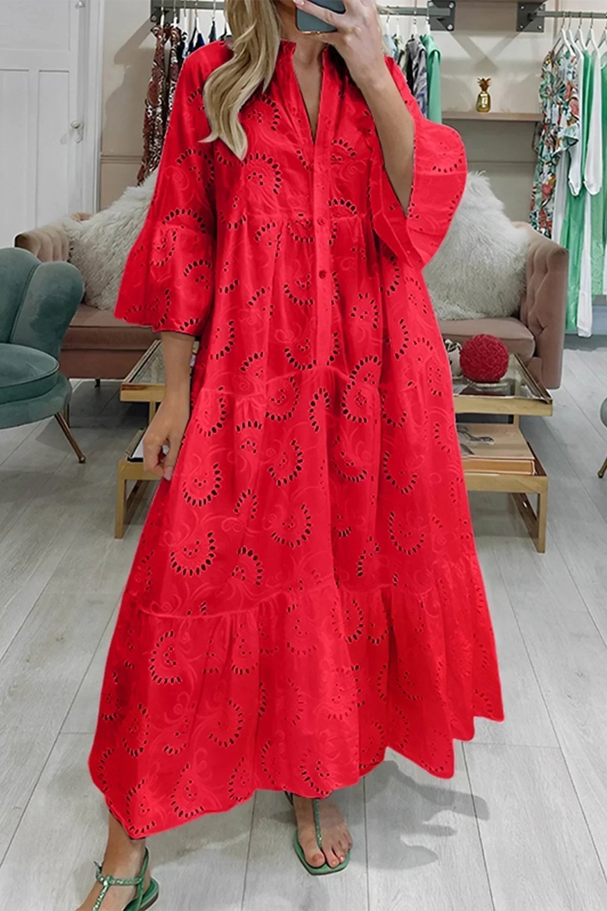 Gilma | Maxi Dress V Neck Cutwork Pattern