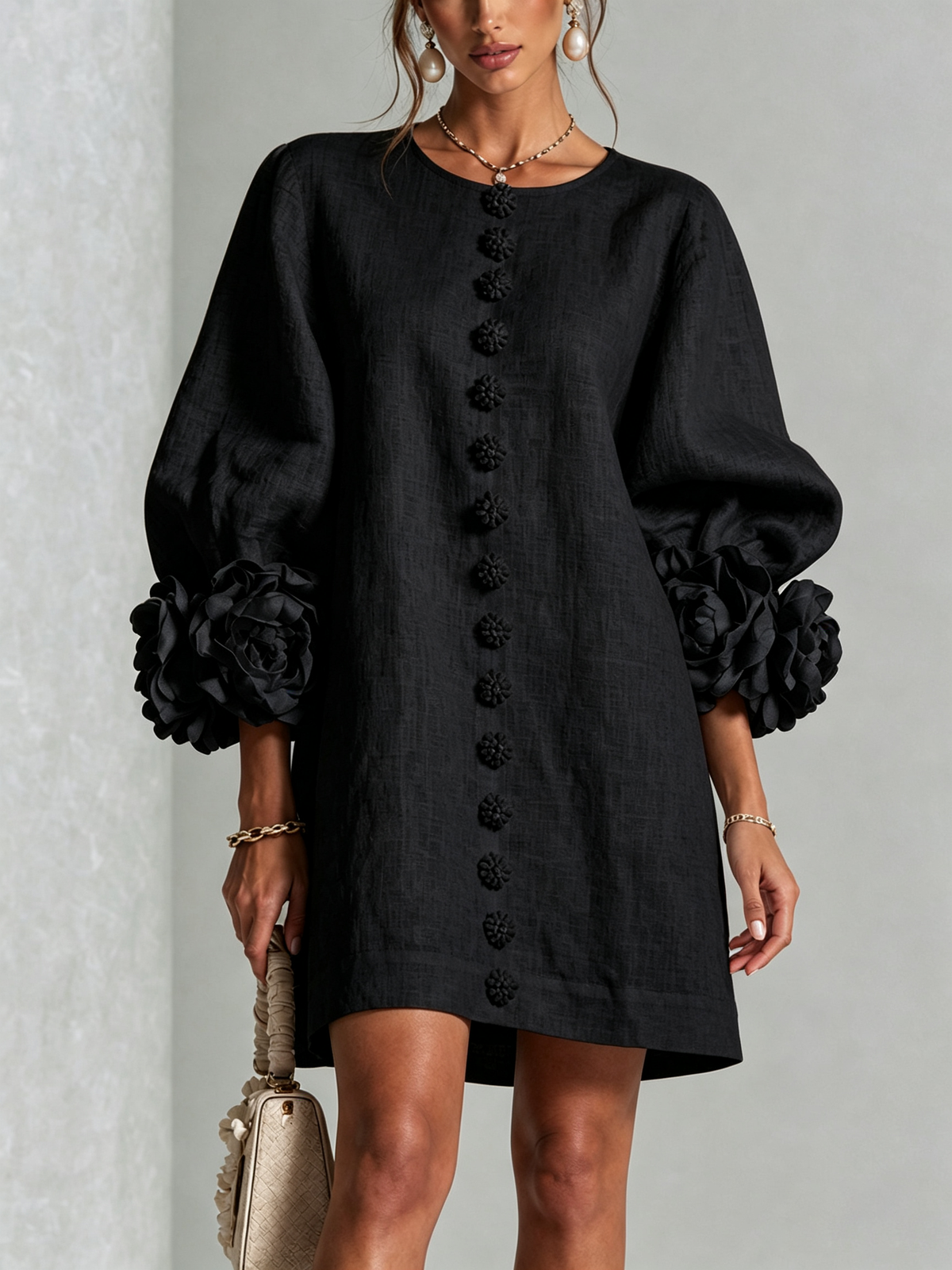 Nursel  | A-Line Mini Dress With Floral Cuffs